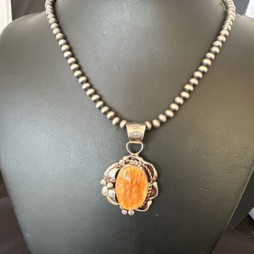 Navajo Orange Spiny Oyster Pendant Necklace | Sterling Silver Pearls | Authentic Native American Handmade | 16558