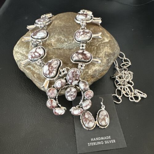 Navajo Squash Blossom Necklace with Wild Horse Turquoise | Sterling Silver Earrings | 16268