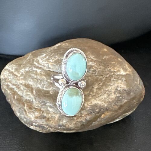 Navajo Blue Dry Creek Turquoise 2 Stone Ring | Authentic Native American Sterling Silver | Multi-Stone | Sz 9 | 16736