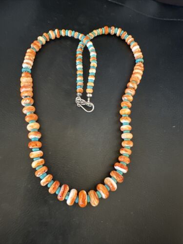 Navajo Orange Spiny Blue Turquoise Necklace | Sterling Silver | 23" | Authentic Native American Handmade | 17544