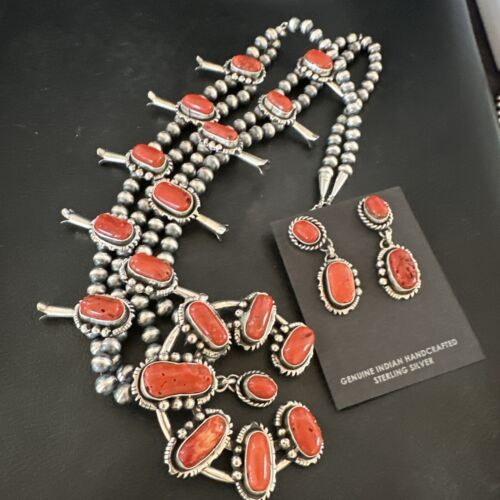 Navajo Red Coral Naja Pendant | Sterling Silver Squash Blossom Necklace & Earrings | 17047