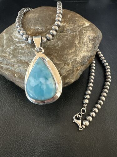 Navajo Blue Larimar Pendant Necklace | Sterling Silver Beads | Authentic Native American Handmade | 17569