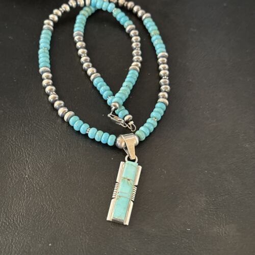 Navajo Blue Kingman Turquoise Inlay Pendant Necklace | Sterling Silver | 21" | Authentic Native American Handmade | 16930