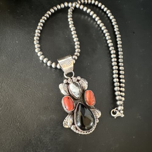 Navajo White Buffalo Coral Onyx Pearls Cluster Pendant | Sterling Silver | Native American Handmade | 15371