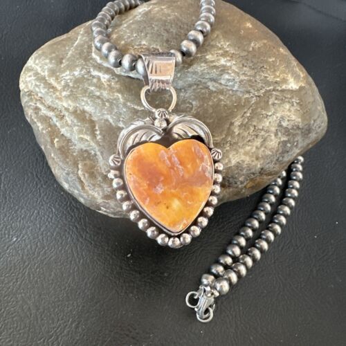 Navajo Orange Spiny Oyster Heart Pendant Necklace | Sterling Silver | Authentic Native American Handmade | 16551