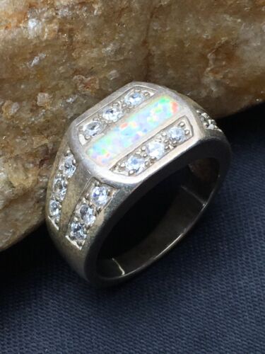 Navajo Cubic Zirconia Opal Inlay Ring | Sterling Silver | Sz 6.5 | Authentic Native American Handmade | 17156