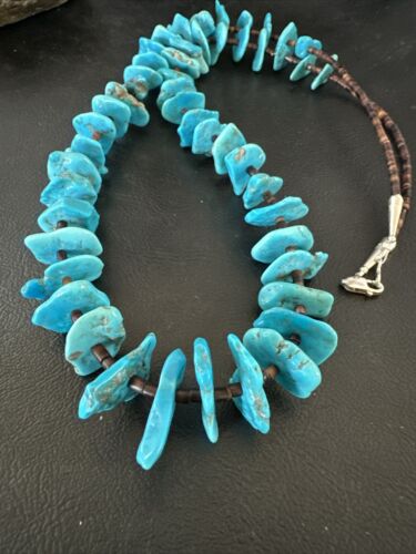 Navajo Kingman Turquoise Shell Heishi Bead Necklace | Sterling Silver | 28" | Authentic Native American Handmade | 17450