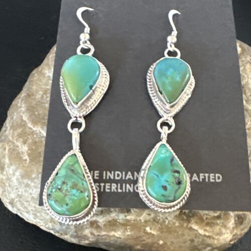 Navajo Green Royston Turquoise Dangle Earrings | Sterling Silver | Authentic Native American Handmade | 16494