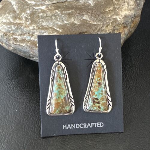 Navajo Blue Boulder Turquoise Dangle Earrings | Sterling Silver | Authentic Native American Handmade | 16500