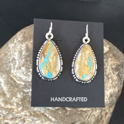 Navajo Blue Boulder Turquoise Dangle Earrings | Sterling Silver | Authentic Native American Handmade | 16497