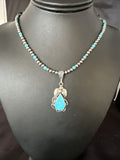 Navajo Pearls Kingman Turquoise Pendant Necklace | Sterling Silver | Authentic Native American Handmade | 14893
