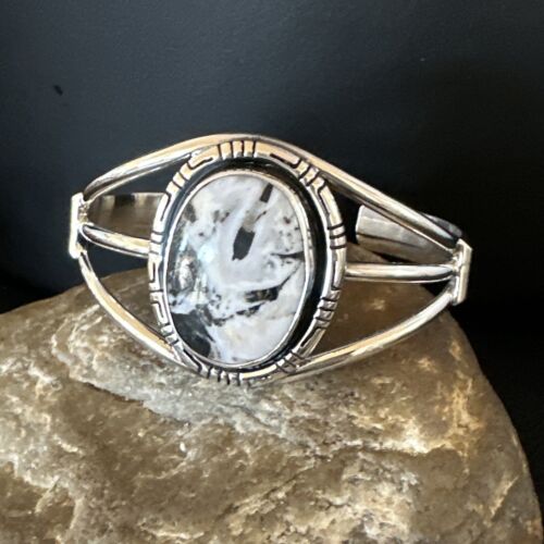 Women's White Buffalo Turquoise Cuff Bracelet | Navajo Sterling Silver | Authentic Native American Handmade | 16249