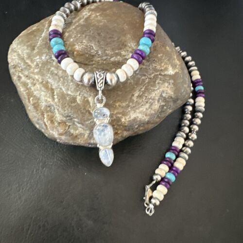 Navajo White Mother of Pearl, Turquoise, Sugilite Pendant Necklace | Sterling Silver | 16929