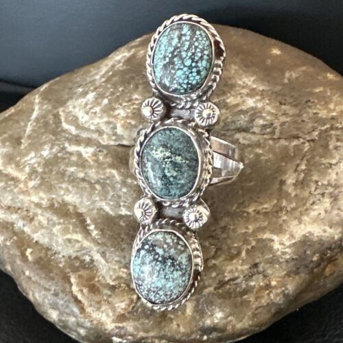 Navajo Blue Spiderweb Turquoise Multi-Stone Ring | Authentic Native American Sterling Silver | Sz 9 | 16707