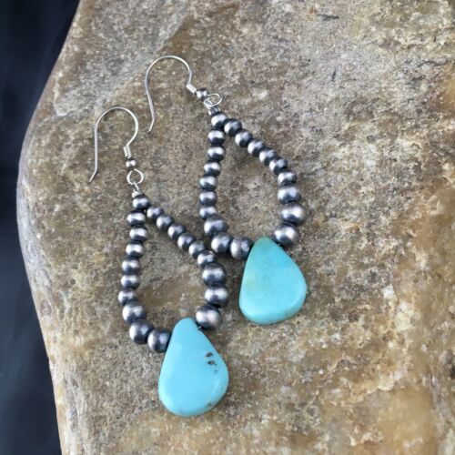 Navajo Blue Cluster Turquoise Dangle Earrings | Sterling Silver | 2" | Authentic Native American Handmade | 1983
