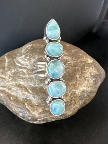 Navajo Blue Larimar Cluster Ring | Authentic Native American Sterling Silver | Multi-Stone | Sz 8.5 | 16153