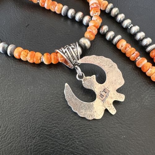 Navajo Thunderbird Orange Spiny Oyster Pendant Necklace | Sterling Silver | Authentic Native American Handmade | 16852