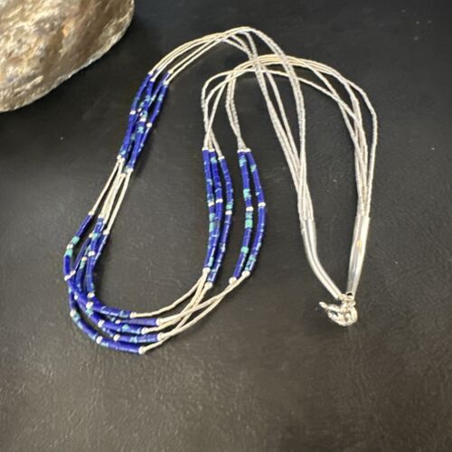 Navajo Blue Green Azurite 5-Strand Necklace | Sterling Silver | 20" | Authentic Native American Handmade | 15134