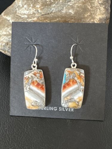 Navajo Blue Turquoise & Orange Spiny Oyster Inlay Dangle Earrings | Sterling Silver | 15582