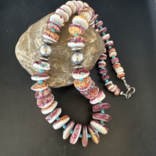 Purple Spiny Oyster & Turquoise Necklace | Navajo Sterling Silver | Authentic Native American | 25" | 15023