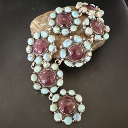 Navajo Turquoise Purple Spiny Cluster Lariat Necklace Pendant | Golden Hills | Authentic Native American Handmade | 16190