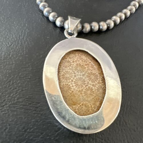 Navajo Champagne Fossil Coral Pendant Necklace | Sterling Silver Beads | Authentic Native American Handmade | 16370