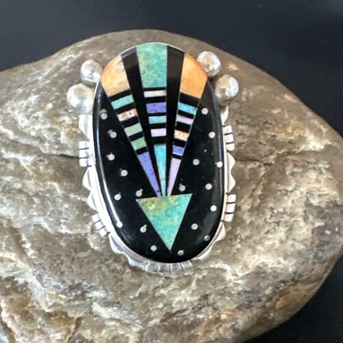 Navajo Green Turquoise Spiny Oyster Inlay Ring | Sterling Silver | Sz 7.5 | 16333
