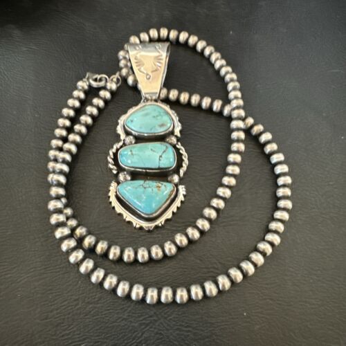 Navajo Blue Kingman Turquoise 3-Stone Cluster Pendant | Sterling Silver | Authentic Native American Handmade | 17631