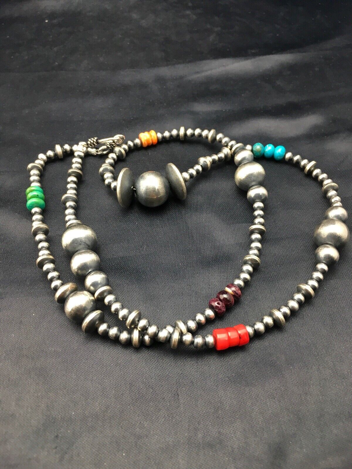 Native American Navajo Pearls Sterling Silver Bead Necklace 30" Single Strand