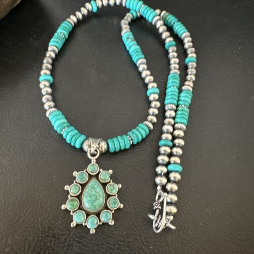 Navajo Blue Turquoise Cluster Pendant Necklace | Sterling Silver | Native American Handmade | 15815