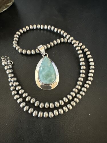 Navajo Blue Larimar Pendant Necklace | Sterling Silver Beads | Authentic Native American Handmade | 17568
