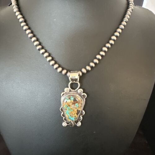 Navajo Blue Turquoise Pendant Necklace | Sterling Silver Pearls | Authentic Native American Handmade | 15657