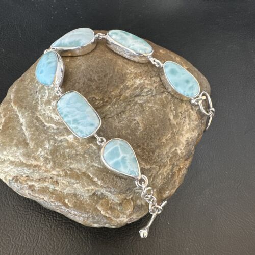 Navajo Blue Larimar Bracelet | Sterling Silver Link | 8" | Authentic Native American Handmade | 16075