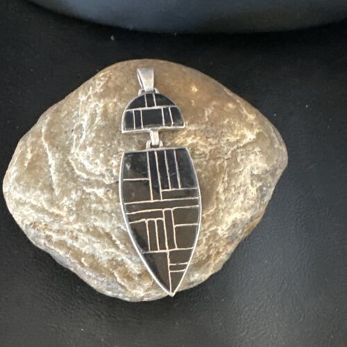 Navajo Sterling Silver Pendant with Black Onyx Inlay | Authentic Native American Handmade | 3" | 15174
