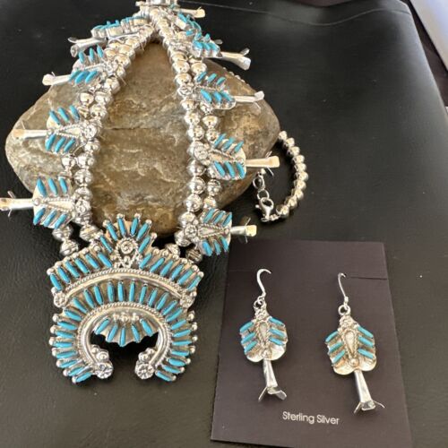 Zuni Turquoise Squash Blossom Necklace with Naja Earrings | Sterling Silver Needlepoint | 16540