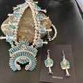 Zuni Turquoise Squash Blossom Necklace with Naja Earrings | Sterling Silver Needlepoint | 16540