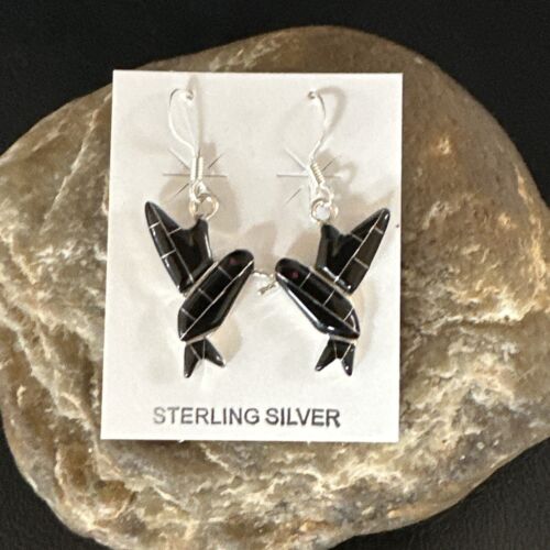 Navajo Black Onyx Hummingbird Earrings | Sterling Silver | 1" | Authentic Native American Handmade | 15090