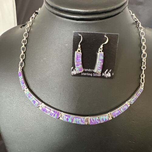 Navajo Purple Opal Inlay Choker Necklace & Earrings Set | Sterling Silver | Authentic Native American Handmade | 16260