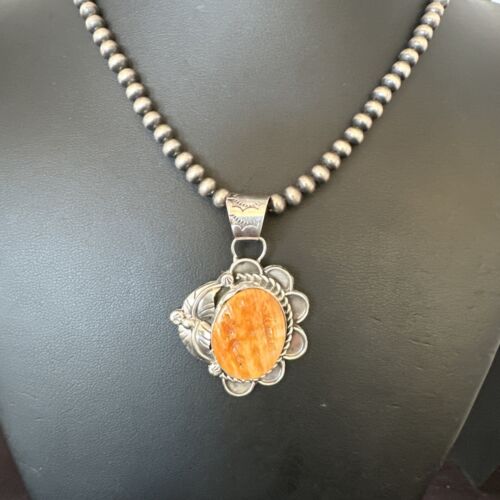 Navajo Orange Spiny Oyster Pendant Necklace | Sterling Silver Pearls | Authentic Native American Handmade | 16554