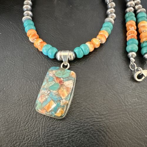 Navajo Spiny Turquoise Pendant Necklace | Sterling Silver | 22" | Authentic Native American Handmade | 17431