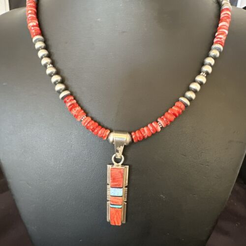 Red Spiny Oyster Opal Inlay Pendant Necklace | Navajo Sterling Silver | 16886