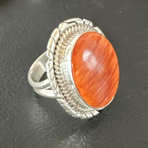 Navajo Orange Spiny Oyster Ring | Sterling Silver | Sz 7.5 | Authentic Native American Handmade | 16030