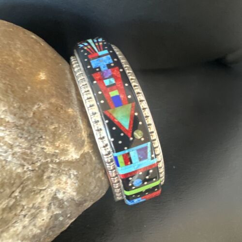 Men's Navajo Black Onyx Coral Turquoise Sterling Silver Cuff Bracelet Inlay | 16122