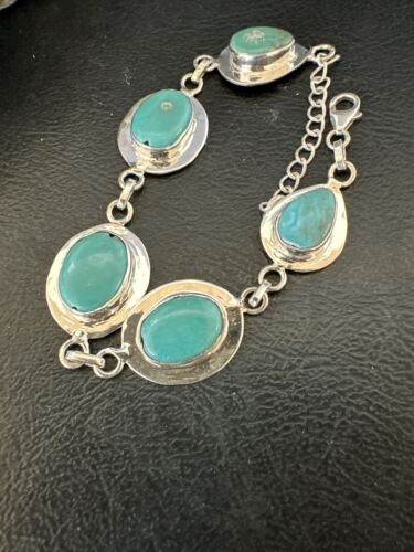 Navajo Blue Turquoise Link Bracelet | Sterling Silver | 9" | Authentic Native American Handmade | 17638