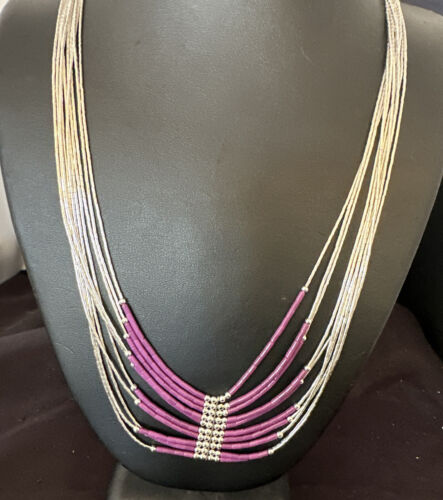 Navajo Sugilite 10-Strand Sterling Liquid Silver Tube Heishi Necklace 22" | Handmade | 16318