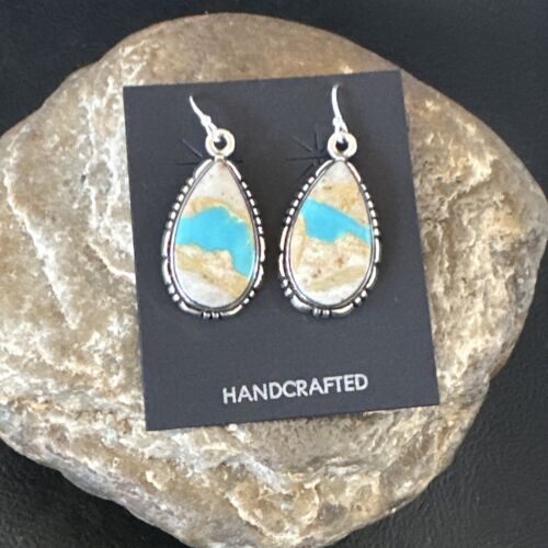 Navajo Blue Boulder Turquoise Dangle Earrings | Sterling Silver | Authentic Native American Handmade | 16503
