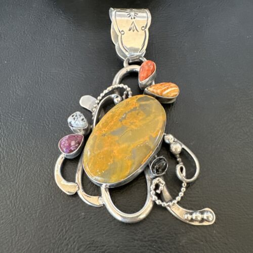 Navajo Sterling Silver Spiny Bumblebee Necklace Pendant | Multi-Stone | Authentic Native American Handmade | 16106