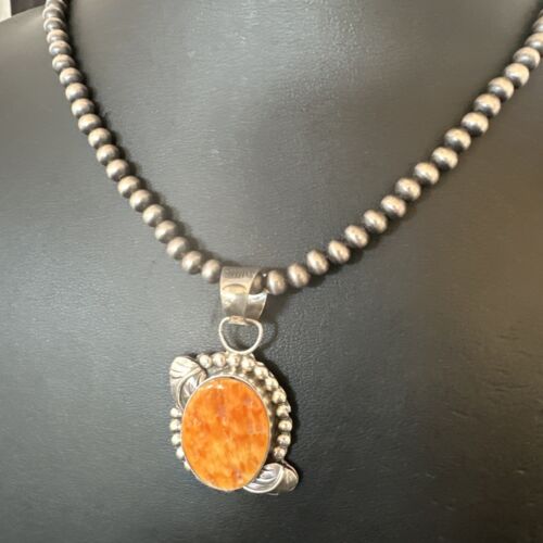 Navajo Orange Spiny Oyster Pendant Necklace | Sterling Silver Pearls | Authentic Native American Handmade | 16553