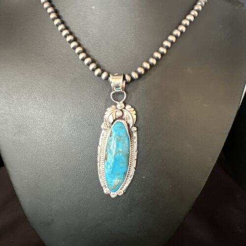 Navajo Kingman Turquoise Pendant Necklace | Sterling Silver Pearls | Authentic Native American Handmade | 15219
