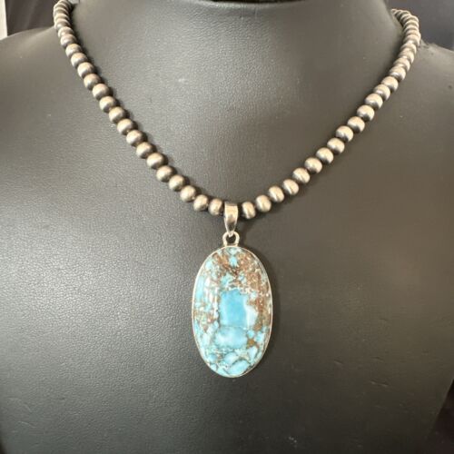 Navajo Blue Spiderweb Turquoise Pendant Necklace | Sterling Silver | Authentic Native American Handmade | 17016
